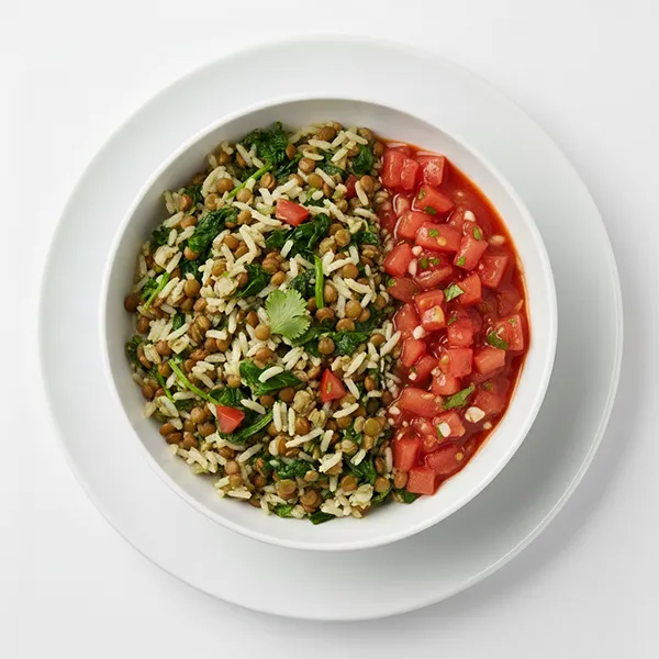 Detox spinach lentil rice bowl with garlic cilantro tomato salsa